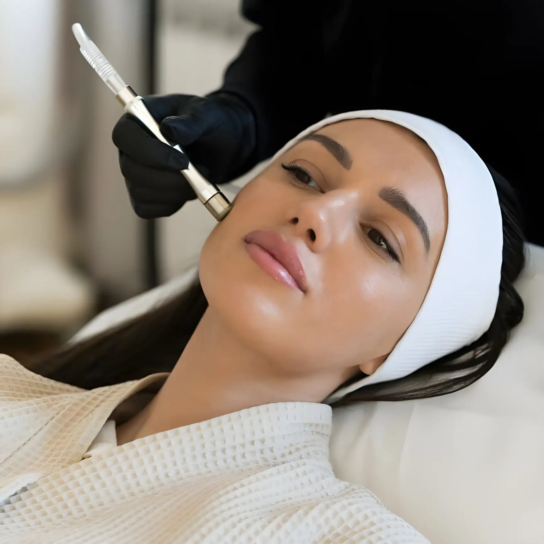 Woman receiving facial microneedling treatment.